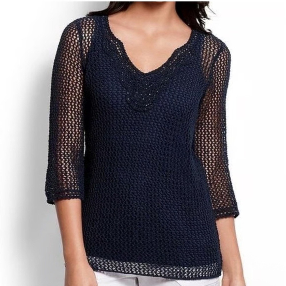 Tommy Bahama Crochet Villa Tunic Top Womens XS Overall Beaded Navy Vneck‎ NWT